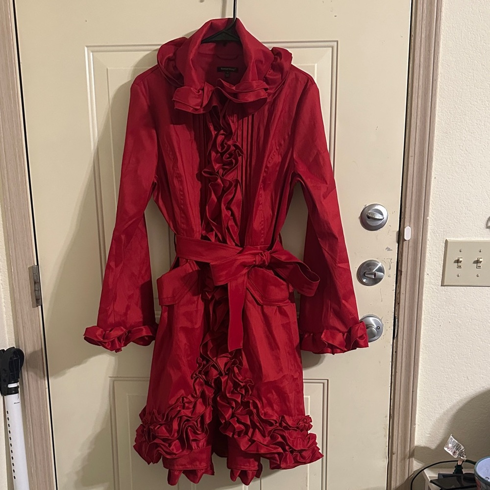 Samuel Dong Vibrant Red Ruffled Trench Coat